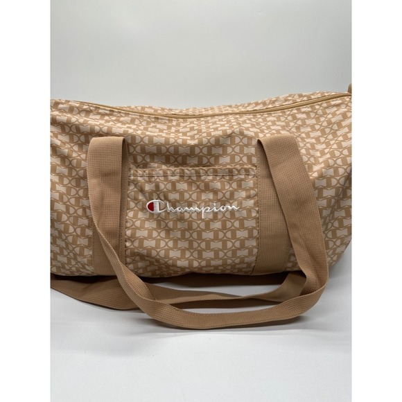 Champion Duffle Bag Beige Allover Print Logo Gym Travel Carry On - Picture 5 of 10